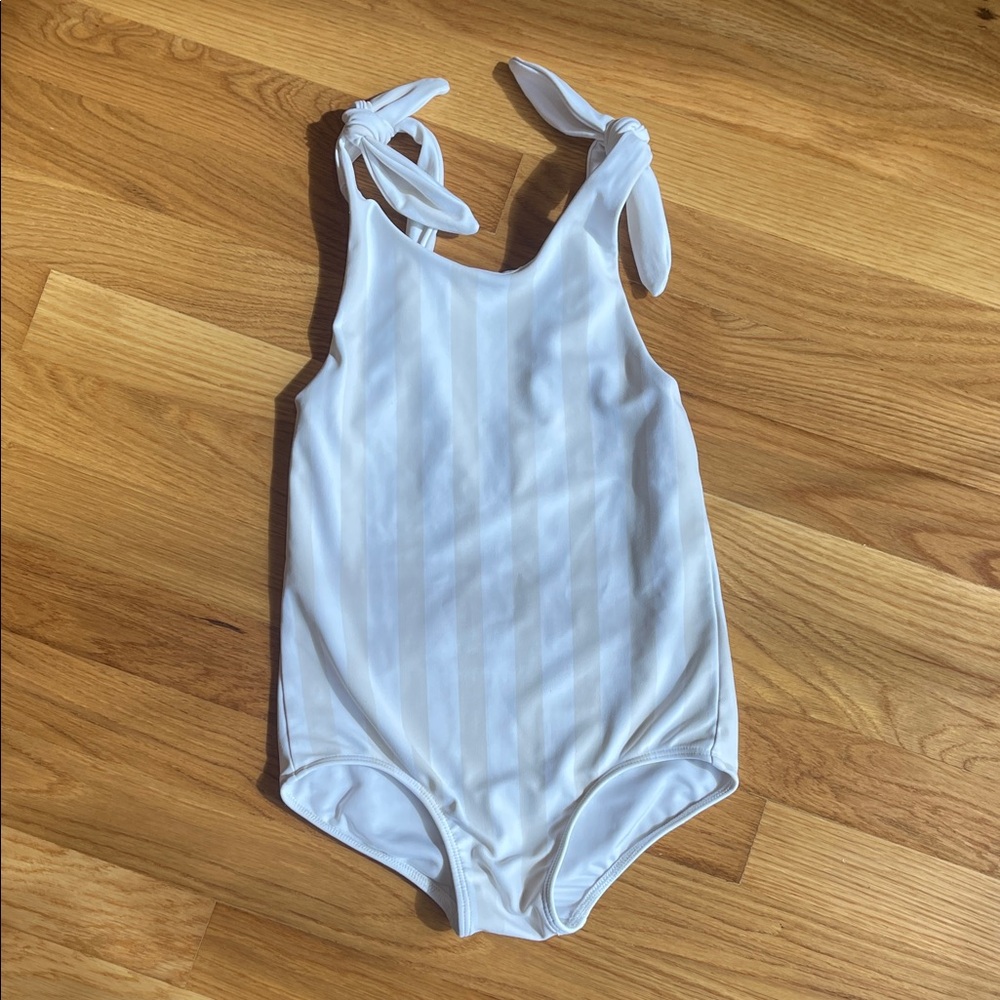 Minnow Girls One Piece White and Tan Stripped Swimsuit